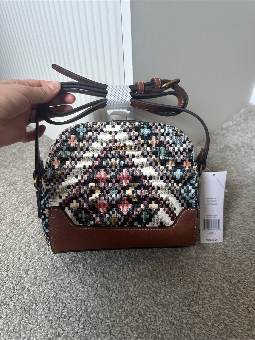 Rosetti Multicolor Geometric Embroidered Crossbody with Brown Trim